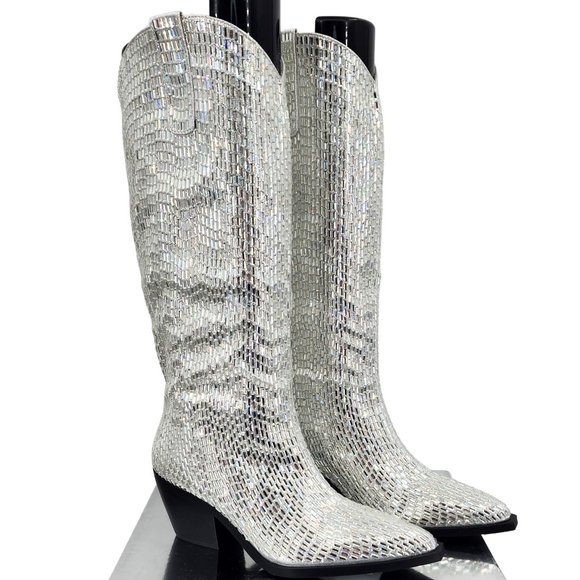 Azalea Wang Shoes - AZALEA WANG Driven Silver Sequin Mirror Tall Western Cowboy Boots 6-10 NWT